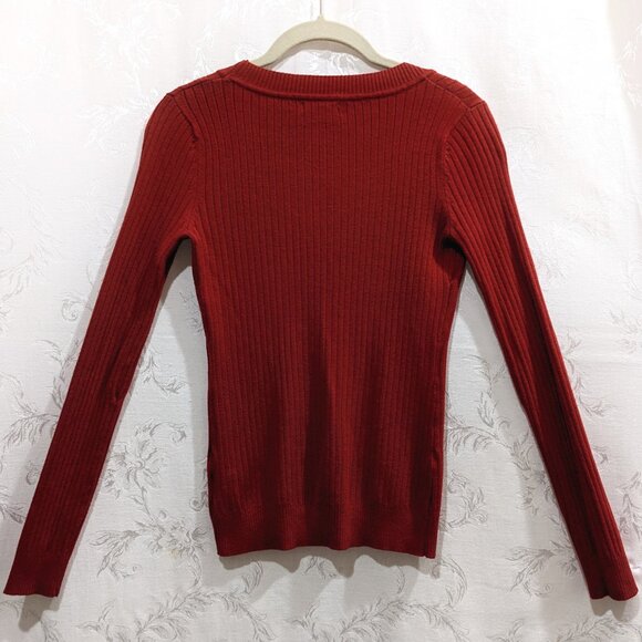 Red Scoop Neck Poor Boy Sweater XS Rib Knit Long Sleeve Comfy Cozy Warm Winter - Picture 2 of 3